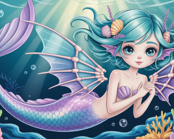 Cartoon Mermaid with Blue Hair and Ethereal Wings
