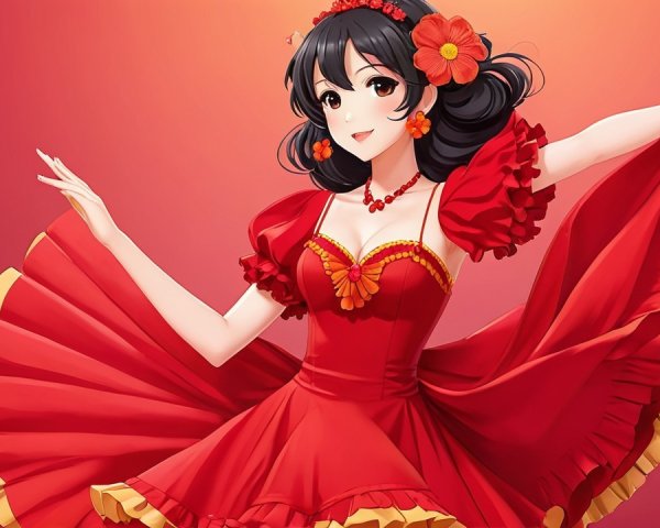 Animated Character in Red Dress with Festive Background