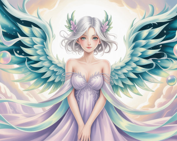 Goddess with Curly Hair and Dragon Wings in Dreamscape