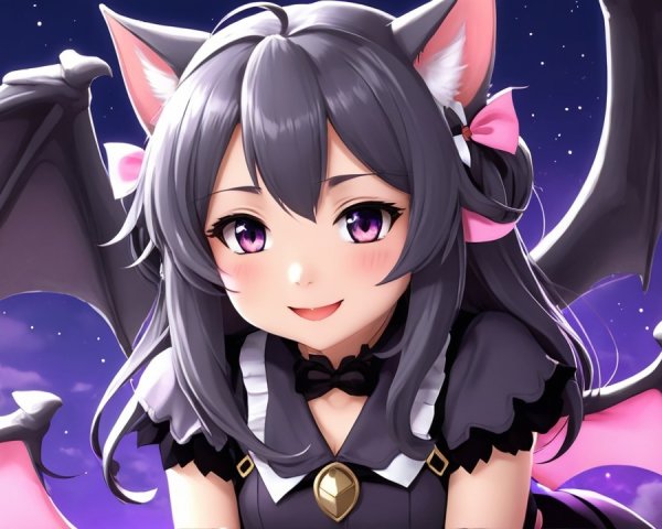Anime-style girl with bat wings in starry night sky