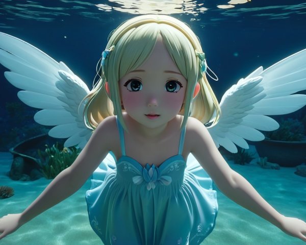 Whimsical Underwater Scene with Girl and Marine Life