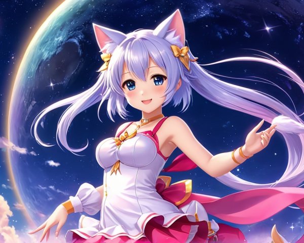 Cheerful anime character with silver hair in cosmic scene