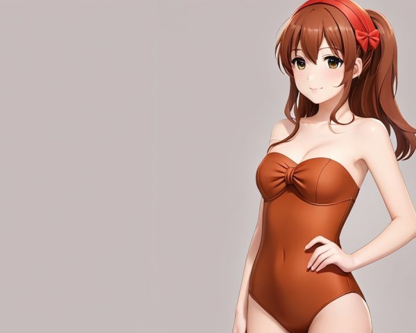 Stylized Anime Character in Brown Swimsuit and Bow