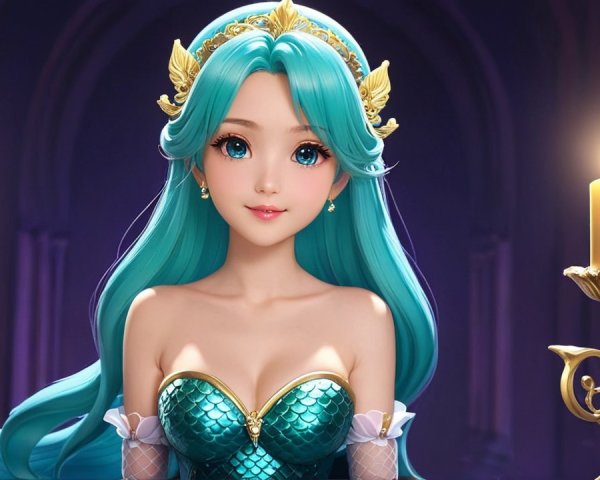 Animated Character with Turquoise Hair and Crown