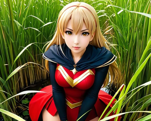 Fantasy Character in Lush Green Field with Red Dress