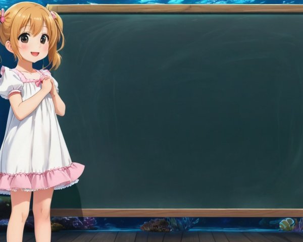 Cheerful girl in white dress beside green chalkboard