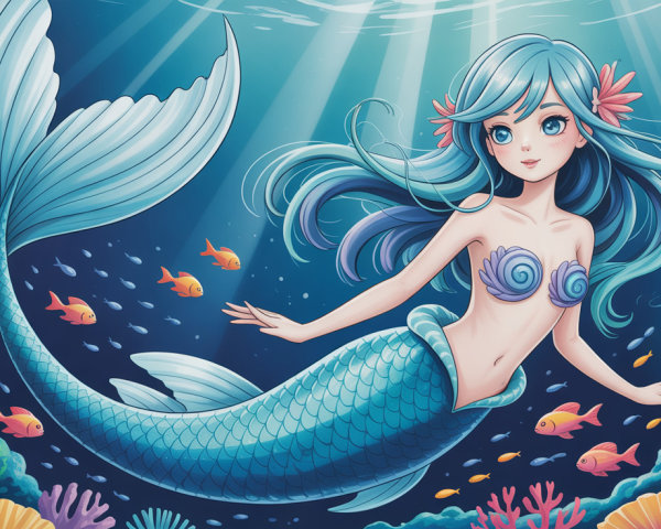 Anime-style mermaid illustration in underwater scene