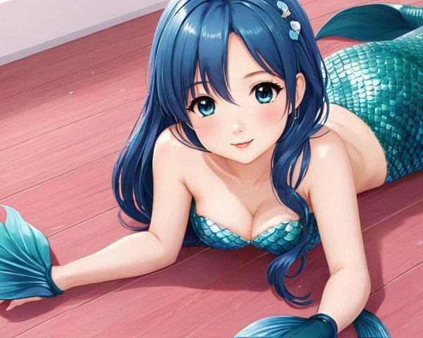 Animated mermaid with blue hair and teal tail