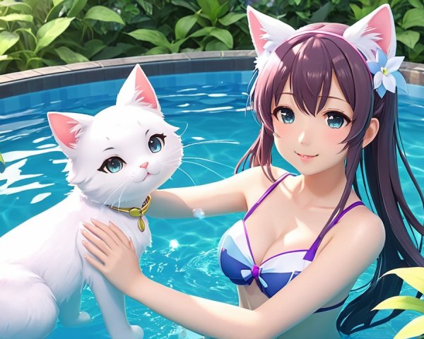 Young woman in bikini with cat by sparkling pool