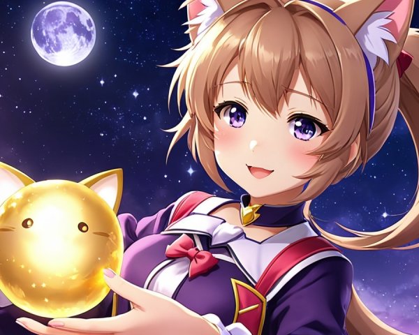 Cheerful character with cat ears and golden orb in night sky