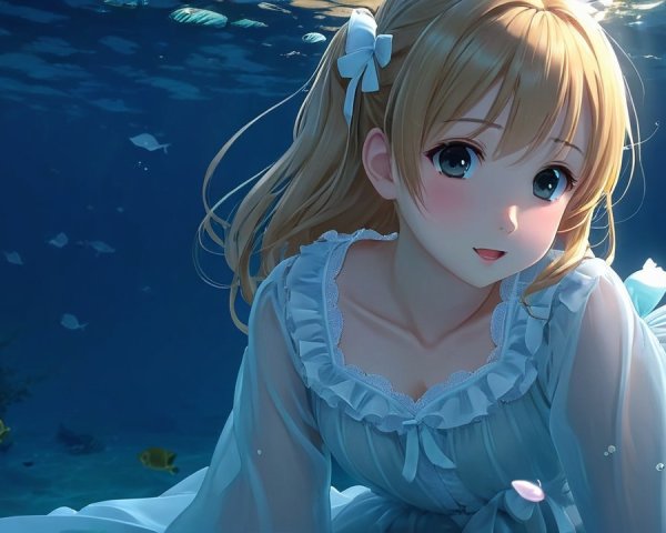 Underwater Scene with Woman in White Dress and Fish