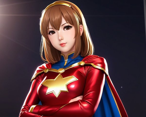 Confident Superheroine in Red and Gold Costume