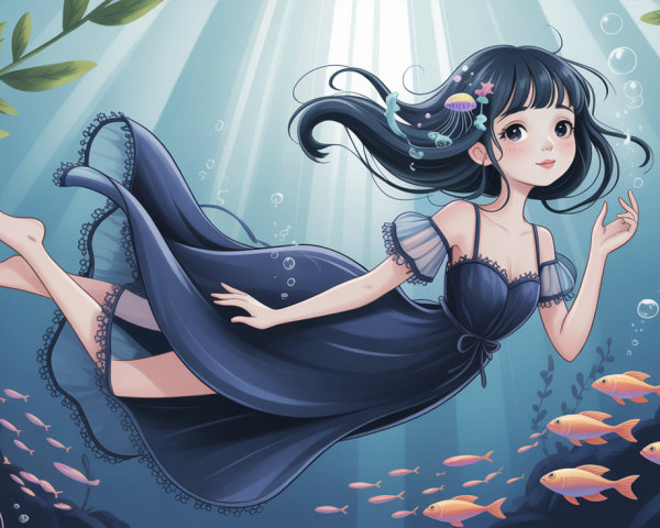 Black-Haired Anime Girl in Surreal Underwater Scene