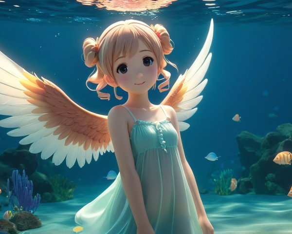 Young Girl with Angel Wings in Underwater Scene