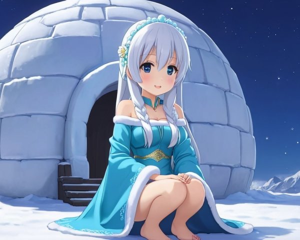Young girl in blue outfit outside igloo in winter scene