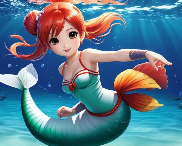 Vibrant Underwater Scene with Whimsical Mermaid