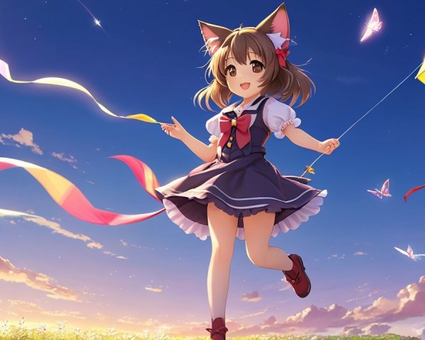 Cheerful girl with cat ears in a vibrant sunset field
