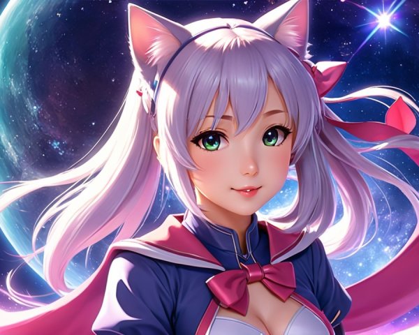 Anime character with light purple hair and cat ears