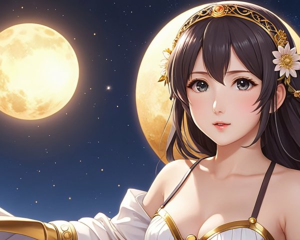 Character in Elegant Outfit Against Starry Night Sky