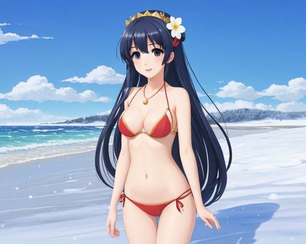 Young Woman in Red Bikini on Sunny Beach Scene