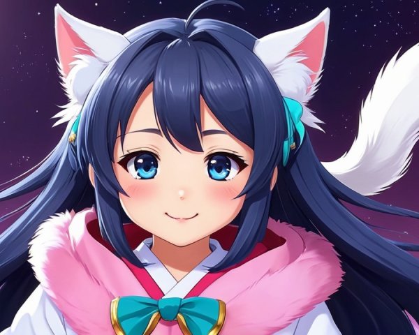 Anime Character in Kimono with Cat Ears and Tail