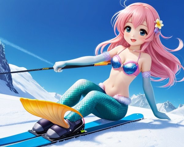 Anime girl on ski slope in mermaid outfit with flippers