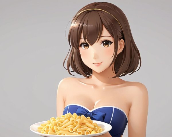 Cheerful anime character with pasta on a gray background
