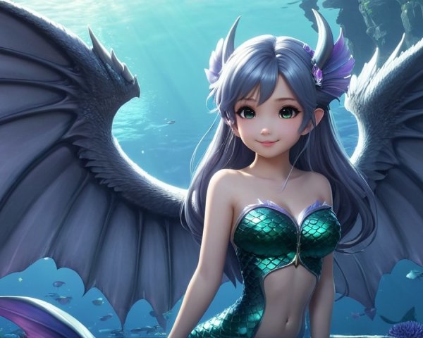 Mermaid with Wings in a Colorful Underwater Scene