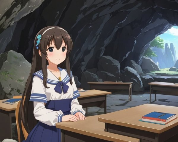 Young girl in sailor uniform at desk in cave setting