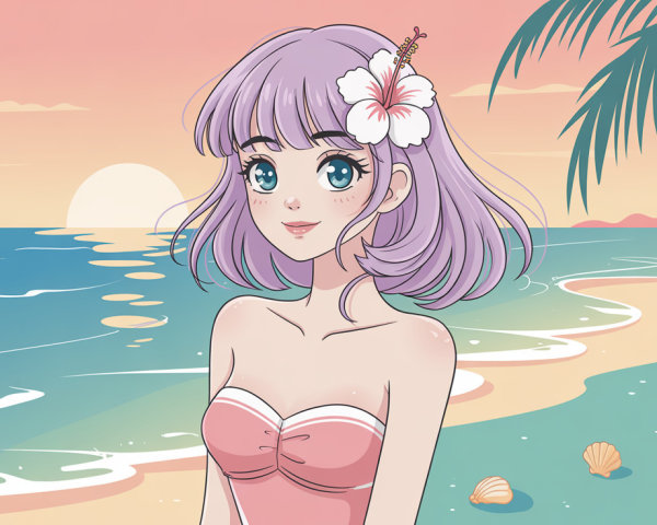 Anime Drawing of Girl in Pastel Beach Scene