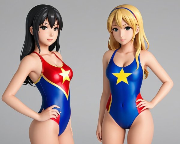 Anime-Styled Female Characters in Swimsuits on Gray Background
