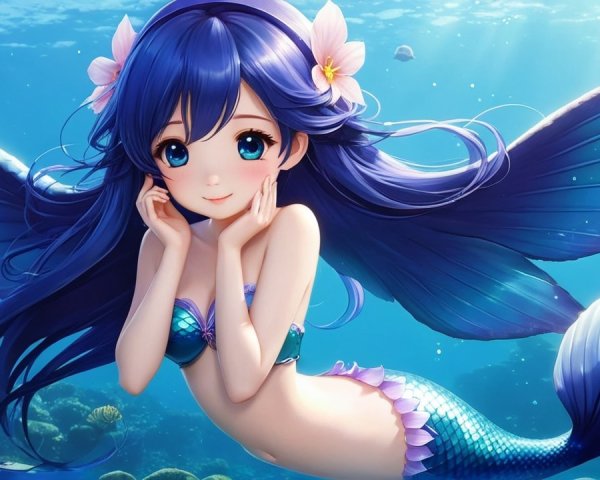Cheerful Mermaid in Vibrant Underwater Paradise