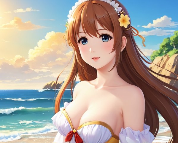 Young Woman in Stylish Swimsuit at Scenic Beach