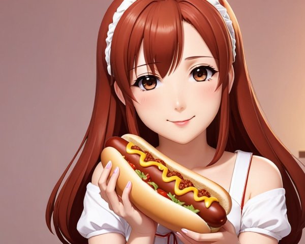 Cheerful Girl in Maid Outfit with Hot Dog in Kitchen