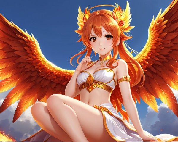 Character with Orange Wings and Flowing Hair Against Blue Sky