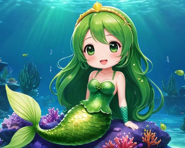 Charming Cartoon Mermaid on Colorful Coral Reef