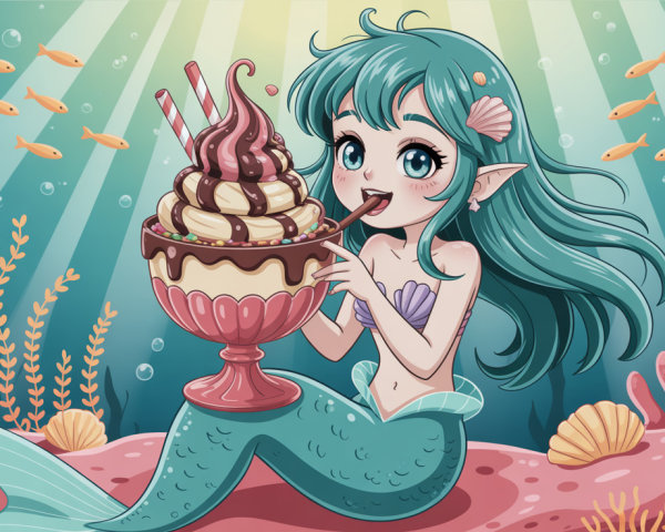 Cartoon Mermaid Enjoying Sundae on Ocean Floor