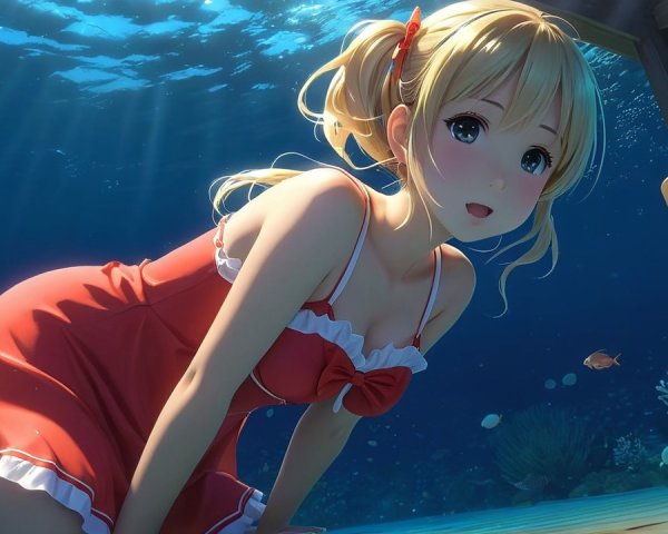 Anime Character in Red Swimsuit Underwater Scene