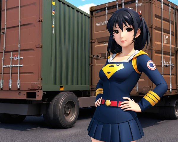 Animated girl in navy dress near shipping containers