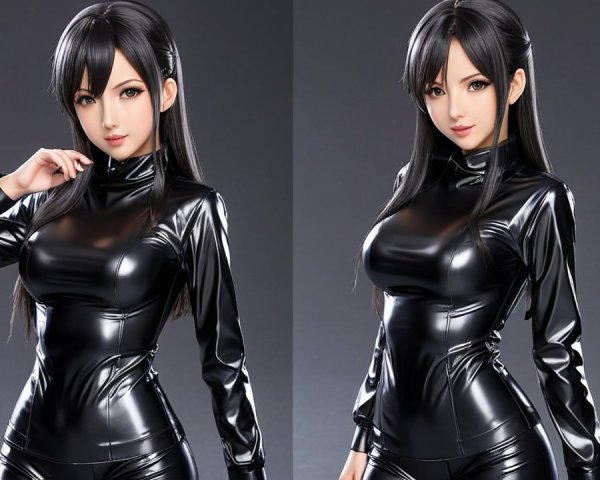 Stylized Character in Black Latex Outfit with Gradient Background