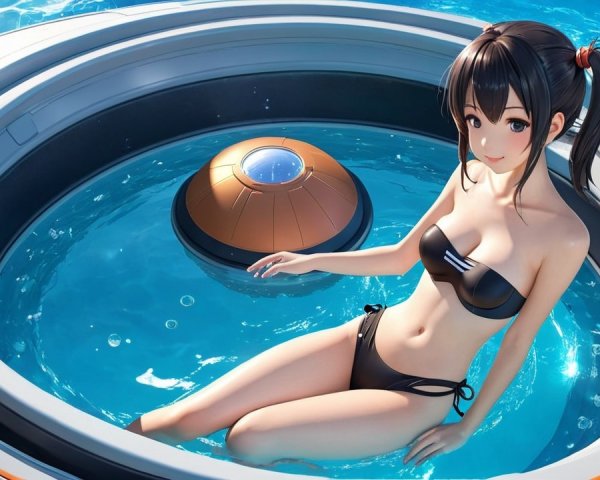 Young Woman in Futuristic Pool with Advanced Device