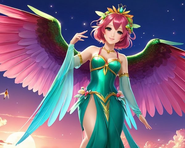 Fantastical character with colorful wings at twilight
