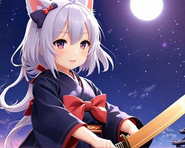 Anime girl with cat ears under a full moon