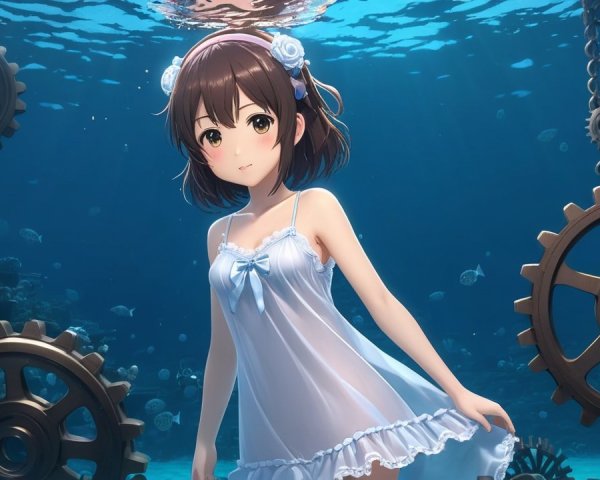 Girl in flowing dress underwater with enchanting blue hue