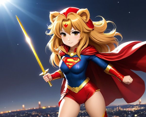Anime-style superhero character against city skyline