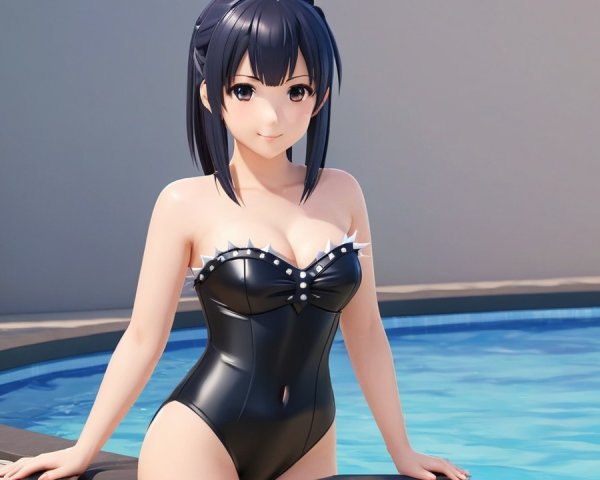 Stylized anime character by a modern swimming pool