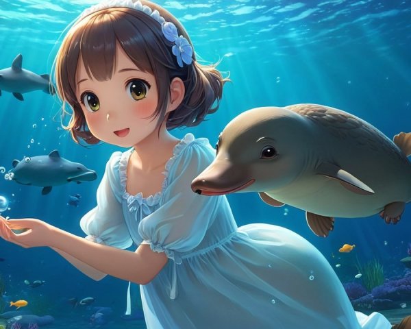 Young girl underwater with fish and dolphins
