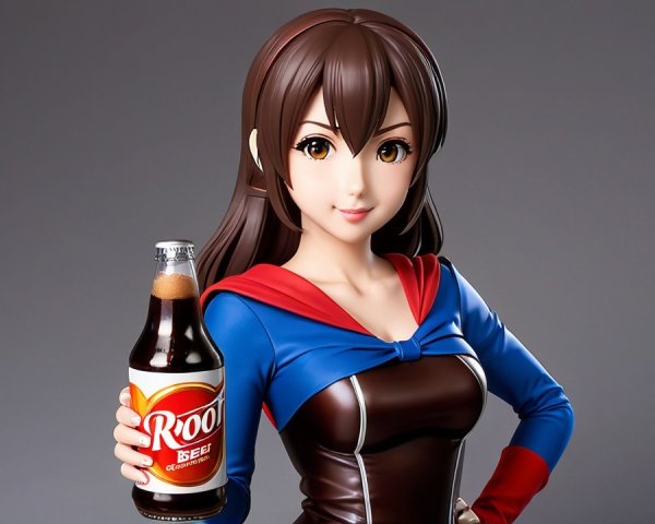 Anime-style figurine of a young woman with root beer