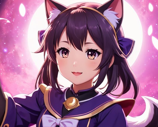 Young girl with cat-like features and glowing crescent