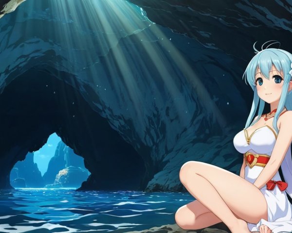Young Woman with Blue Hair in Serene Cave Setting